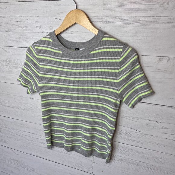 H&M Top Womens Size Medium Gray, White and Neon Yellow Divided Striped Ribbed - Picture 3 of 11